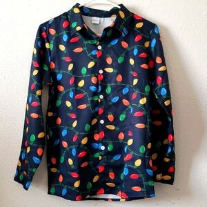 Funny co kid Black with Christmas Tree Lights Long Sleeve Button-up Shirt